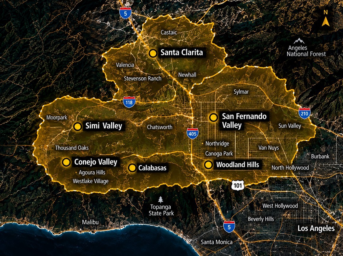 Stylized map highlighting San Fernando Valley, Santa Clarita, Simi Valley and Conejo Valley service areas